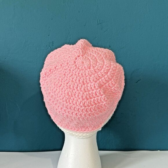 Women's Beanie Hat Crochet Knit - Pink & White 18-22" (Average Adult) - Picture 5 of 7